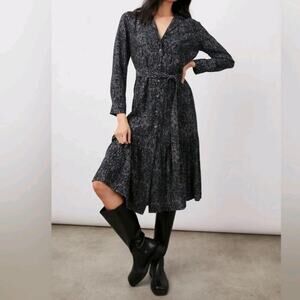 NEW RAILS Beatrice Charcoal Cheetah Dress Medium Midi Satin Belted Long Sleeve